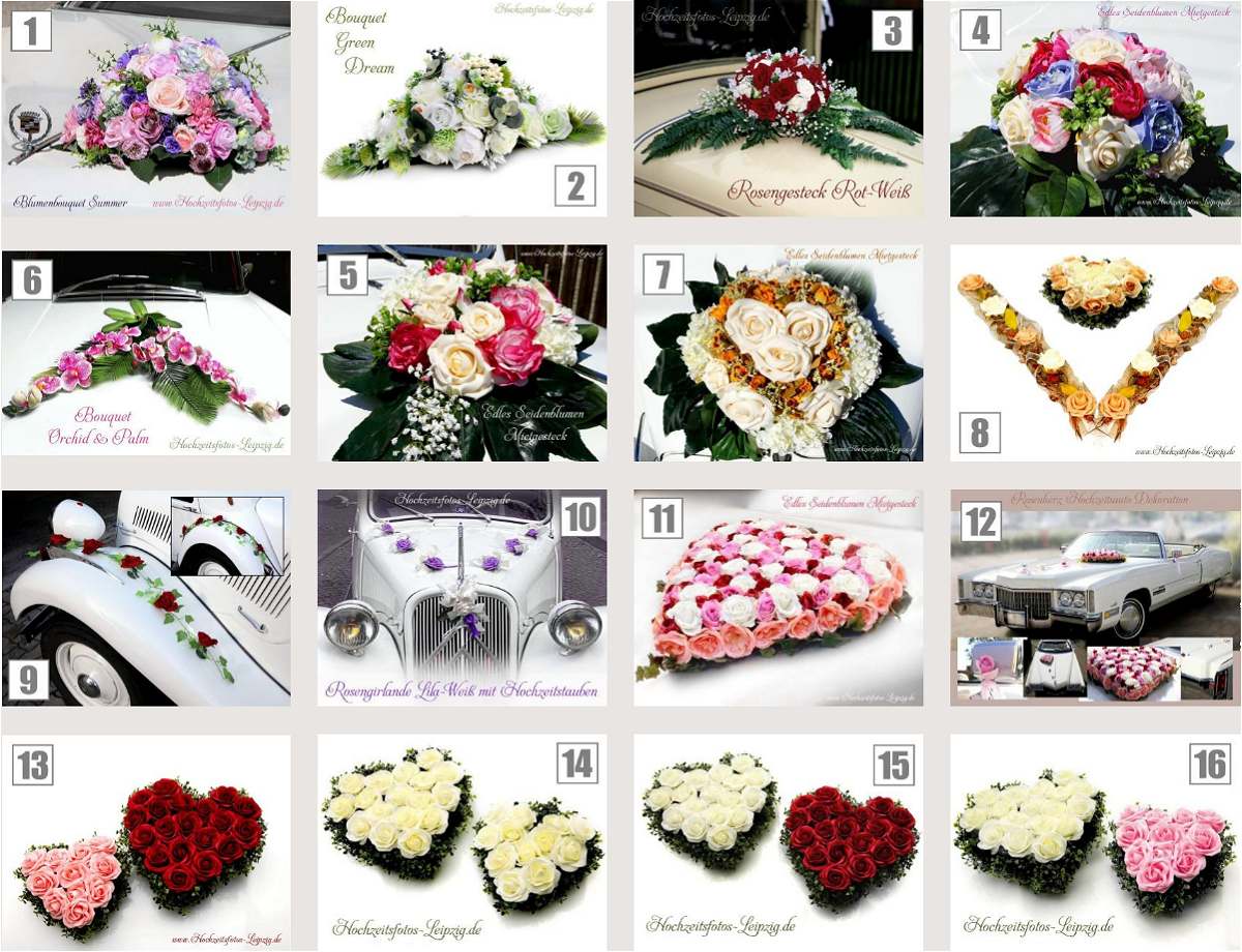 Auswahl 16 Blumengestecke für Hochzeitskutschen