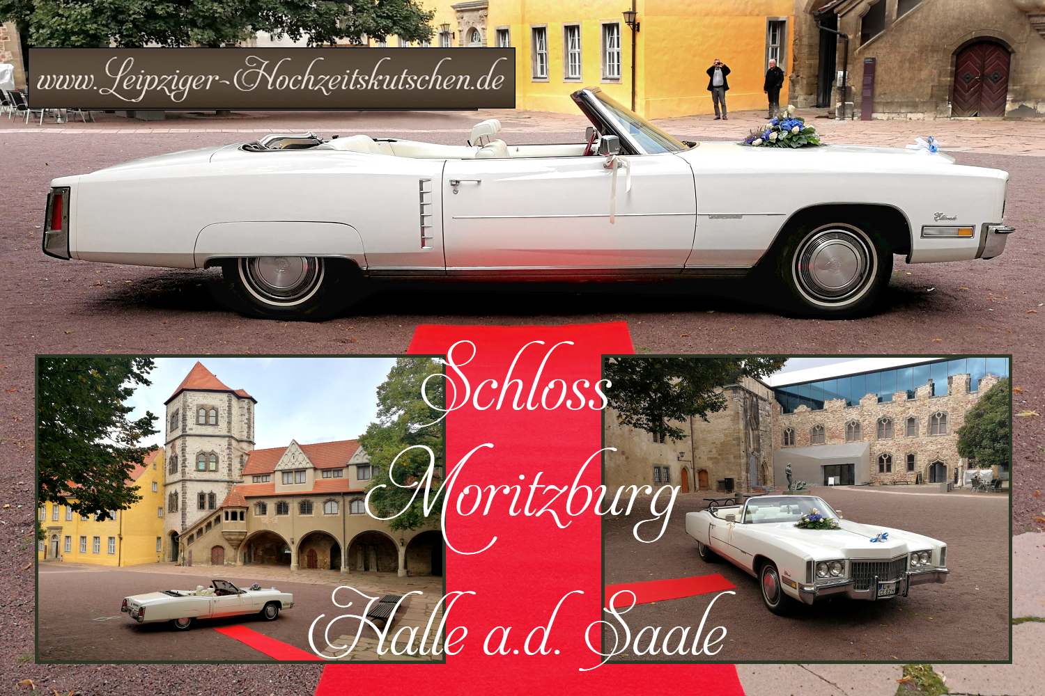 Cadillac Hochzeitsauto mieten zum Heiraten im  Standesamt Moritzburg Halle/Saale