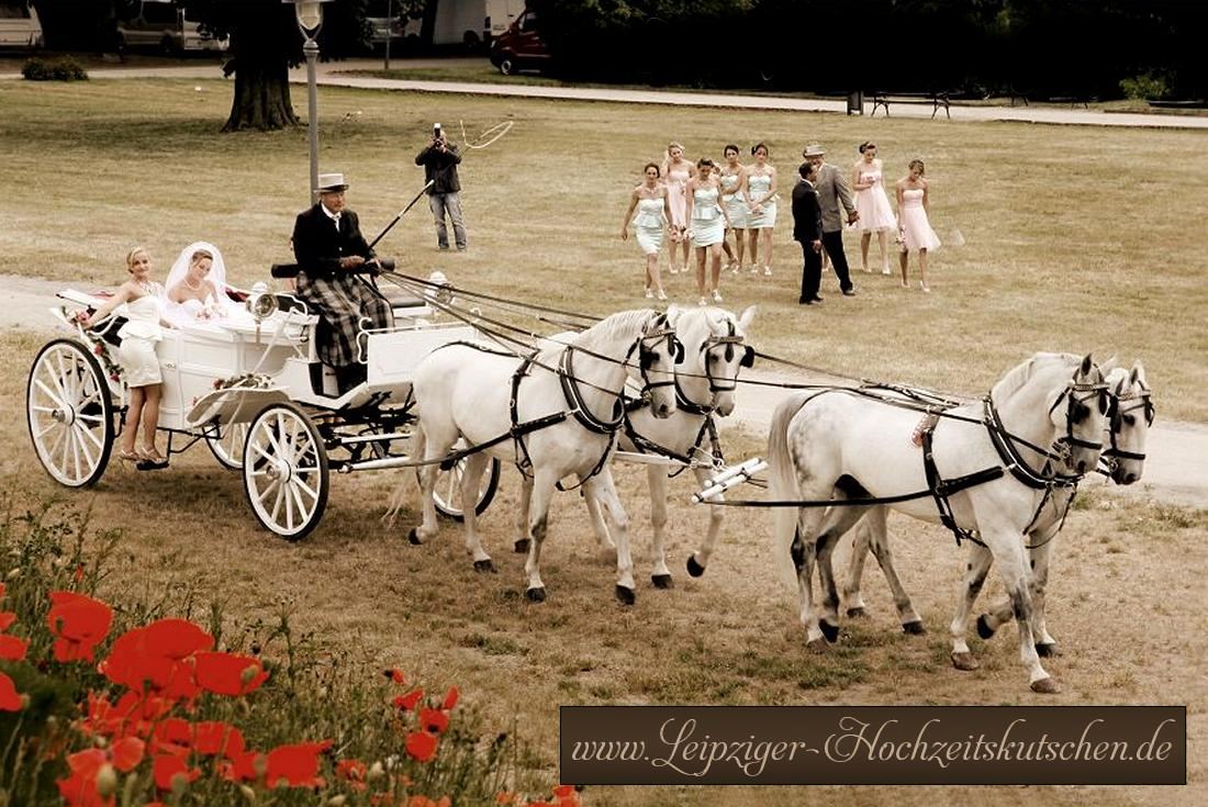 Bild: Kutschfahrt zur Hochzeit im Ständehaus Merseburg mit weißer Hochzeitskutsche (4-spännige Landauer Pferdekutsche)